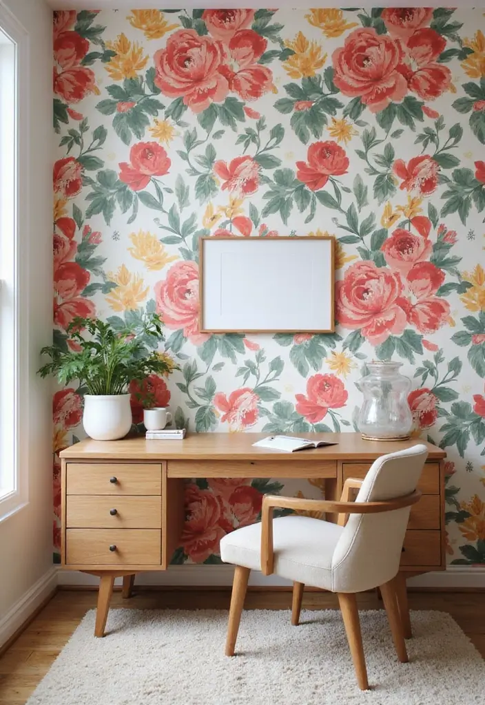 15 Feminine Workspace Inspirations That'll Boost Your Productivity (And Your Mood!) 19 15 Feminine Workspace Inspirations That'll Boost Your Productivity (And Your Mood!) - 2. Floral Wallpaper